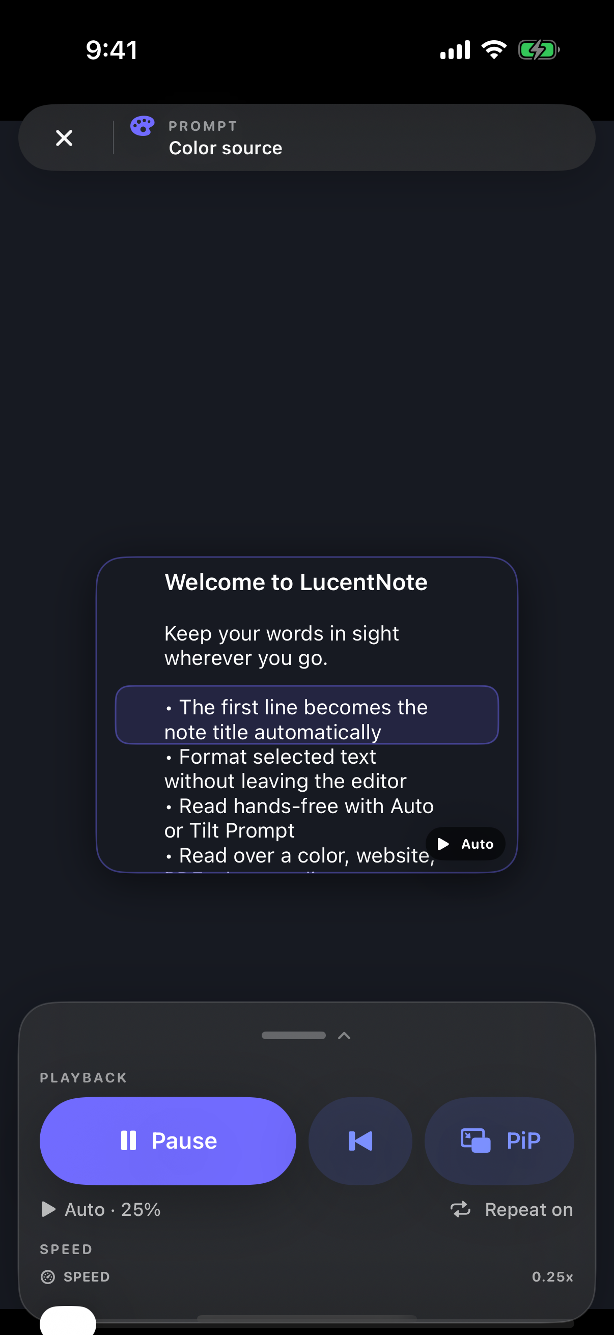 LucentNote Prompt with scrolling note, playback, Picture in Picture, repeat and speed controls